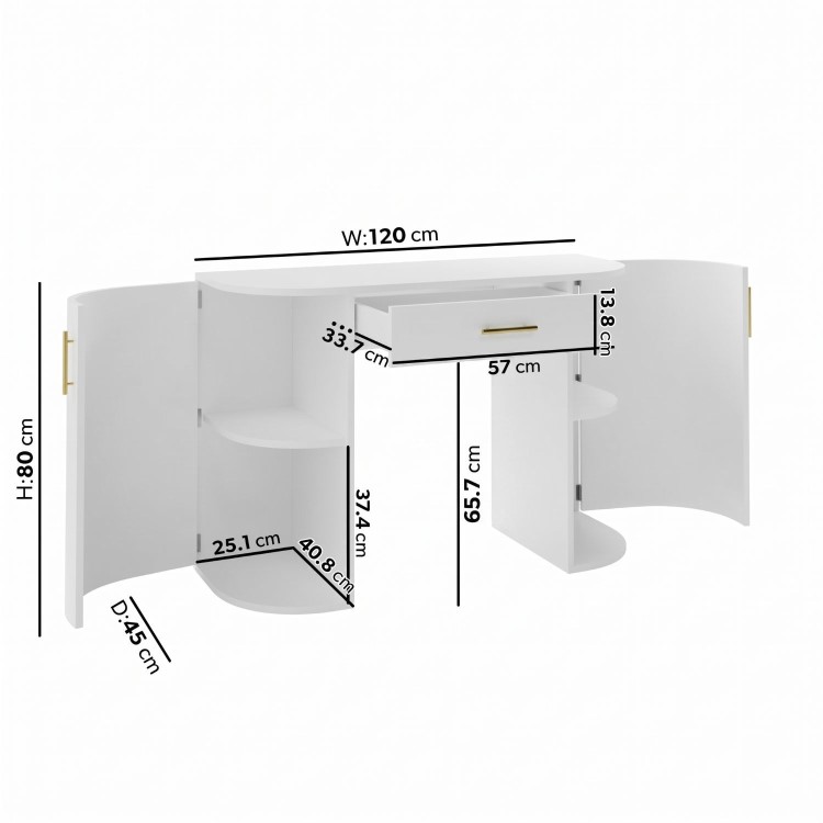 White and Gold Large Dressing Table with Storage Drawer and Shelves - Lily