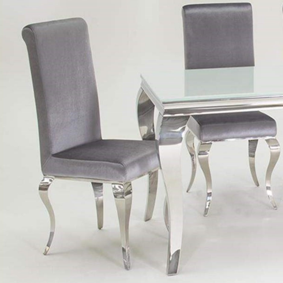 Louis Pair of Silver Velvet Dining Chairs with Mirrored Legs - Vida