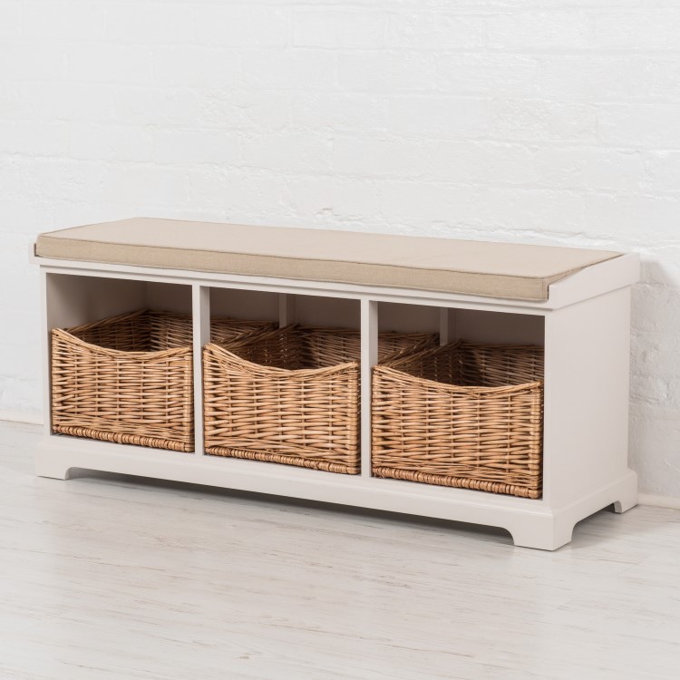 Newport White Hallway Storage Bench with 3 Shoe Storage Wicker Baskets & Cushion