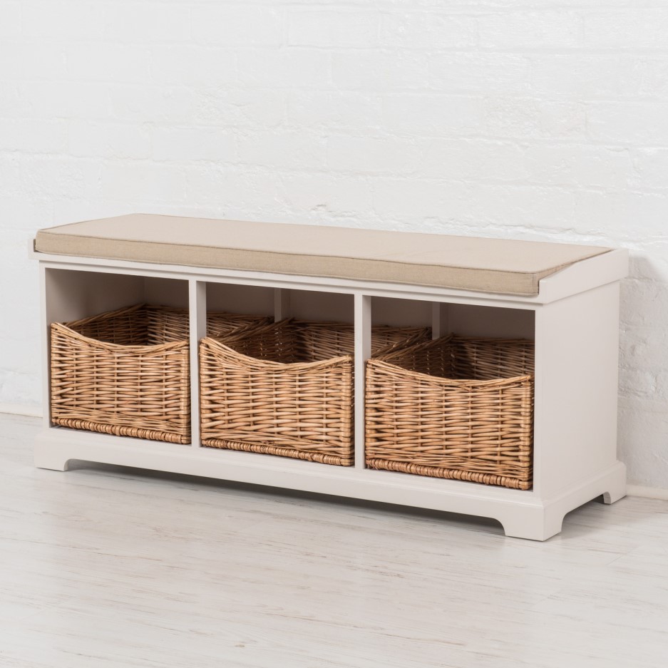Newport White Hallway Storage Bench with 3 Shoe Storage Wicker Baskets