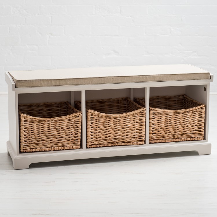 Newport White Hallway Storage Bench with 3 Shoe Storage Wicker Baskets & Cushion