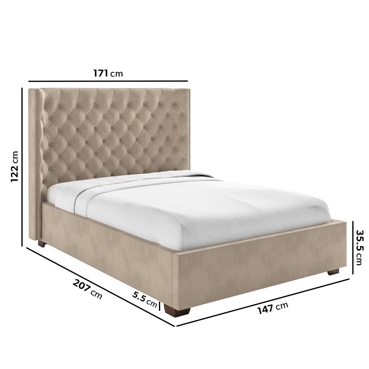 Beige Velvet Double Ottoman Bed with Curved Headboard - Milania
