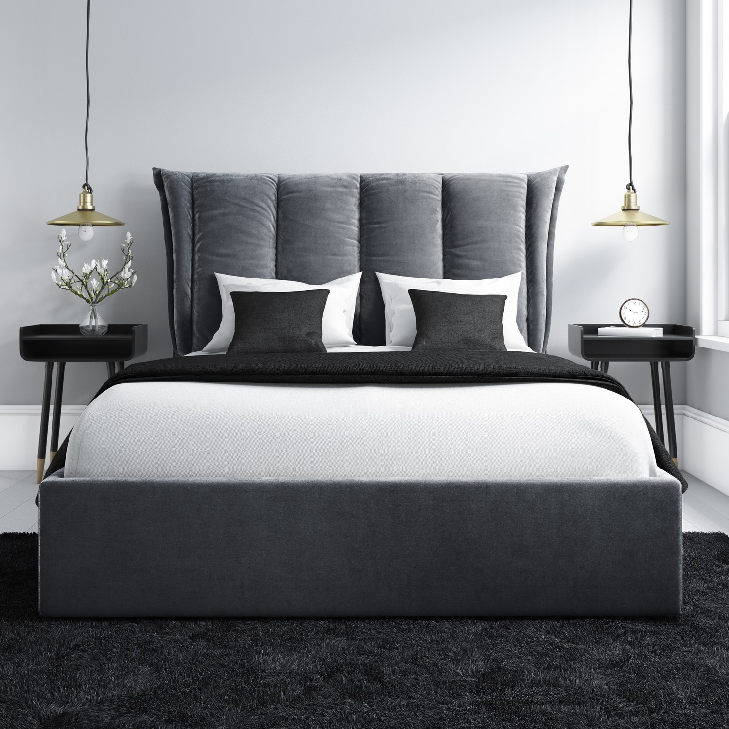 Grey Velvet King Size Ottoman Bed With, King Platform Bed With Headboard