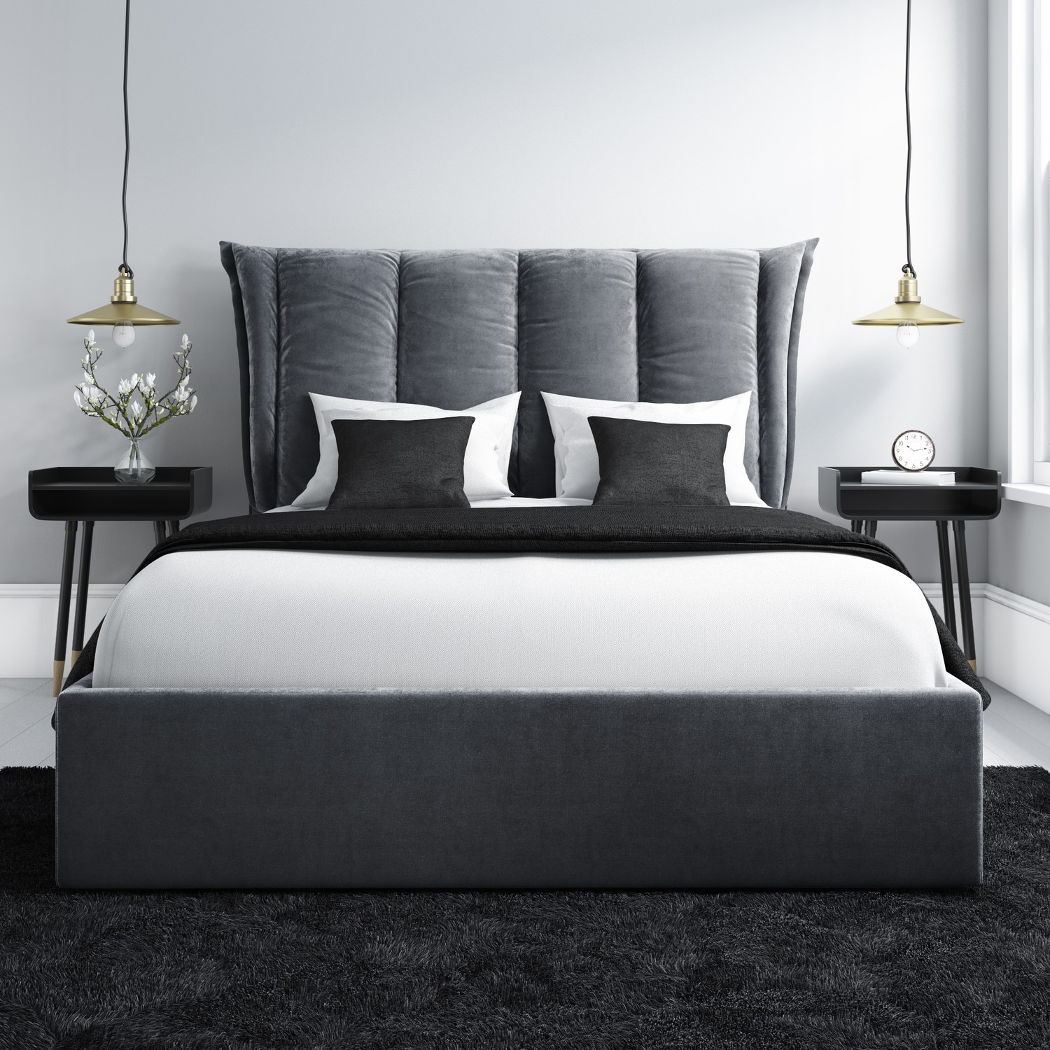Grey Velvet King Size Ottoman Bed With Cushioned Headboard Maddox Itdirect Ie Grey Velvet King Size Ottoman Bed With, King Platform Bed With Headboard