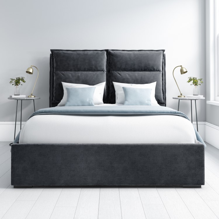 Grey Velvet King Size Ottoman Bed with Pillow Headboard - Maddox