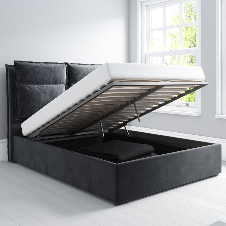 Grey Velvet King Size Ottoman Bed with Pillow Headboard - Maddox