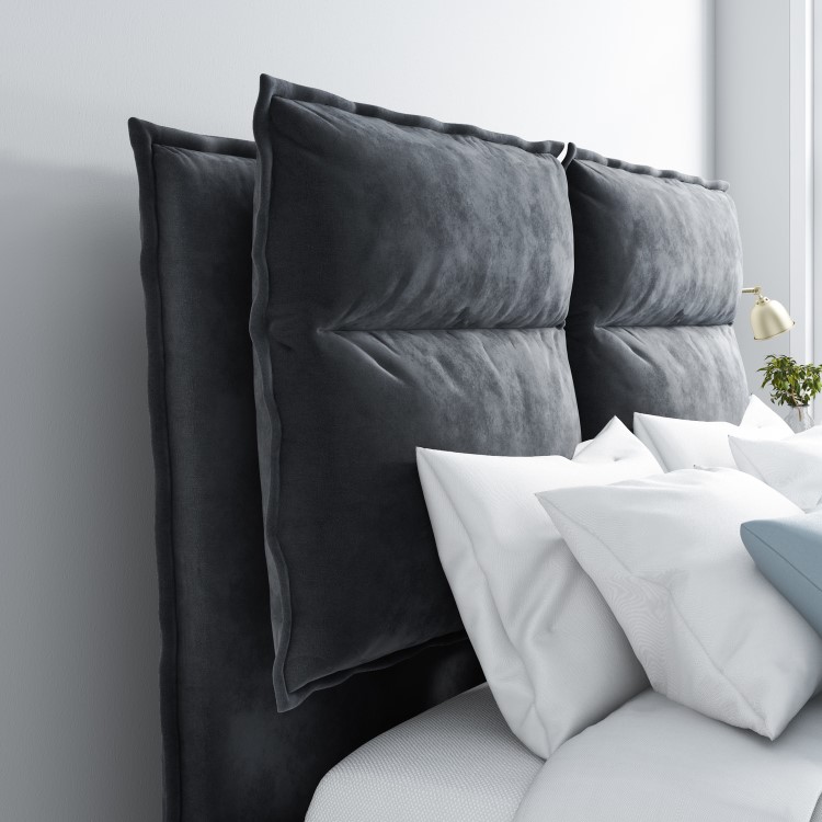 Grey Velvet King Size Ottoman Bed with Pillow Headboard - Maddox