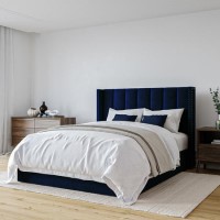 Navy Blue Velvet King Size Ottoman Bed with Winged Headboard - Maddox
