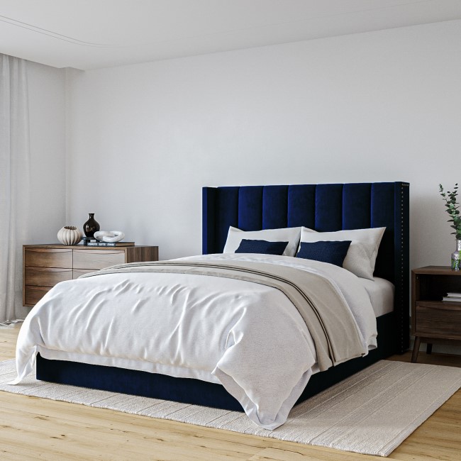 Navy Blue Velvet King Size Ottoman Bed with Winged Headboard - Maddox