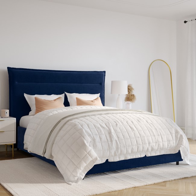 Navy Blue Velvet King Size Bed Frame with Cushioned Headboard - Maddox