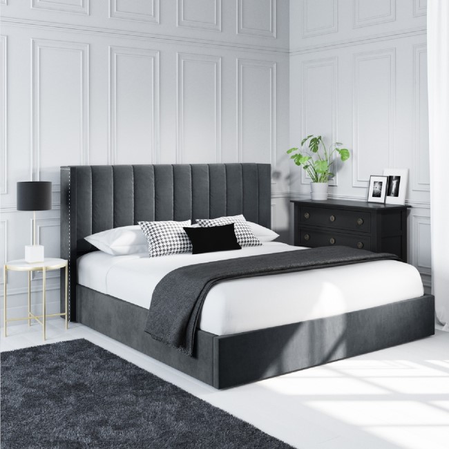 Grey Velvet Super King Ottoman Bed with Winged Headboard - Maddox