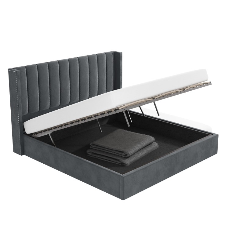 Grey Velvet Super King Ottoman Bed with Winged Headboard - Maddox