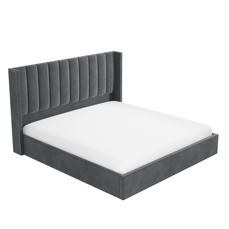 Grey Velvet Super King Ottoman Bed with Winged Headboard - Maddox