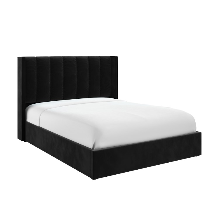 Black Velvet Double Ottoman Bed with Winged Headboard - Maddox