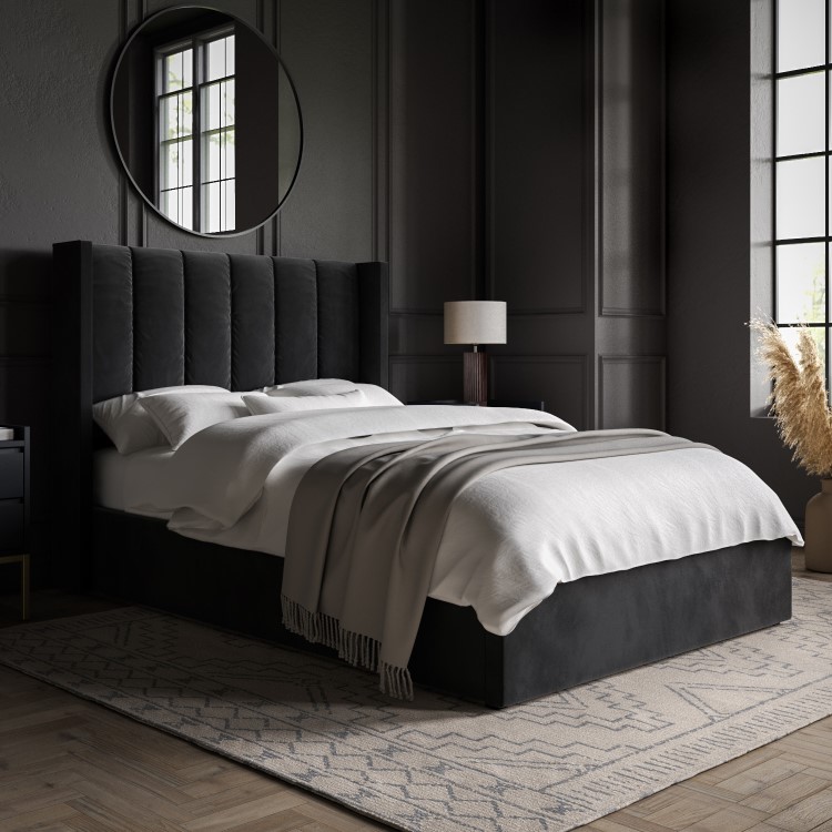 Black Velvet Small Double Ottoman Bed with Winged Headboard - Maddox