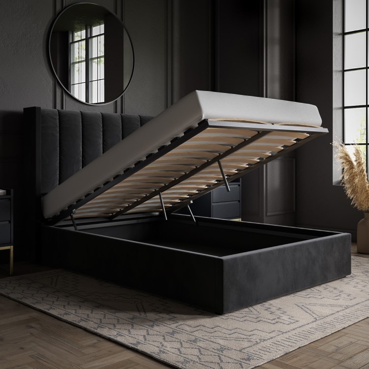 Black Velvet Small Double Ottoman Bed with Winged Headboard - Maddox