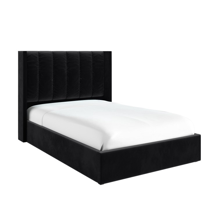Black Velvet Small Double Ottoman Bed with Winged Headboard - Maddox