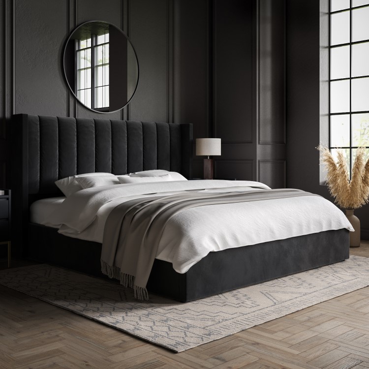 Black Velvet Super King Ottoman Bed with Winged Headboard - Maddox