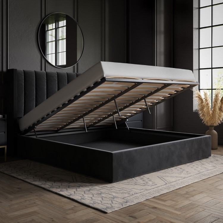 Black Velvet Super King Ottoman Bed with Winged Headboard - Maddox