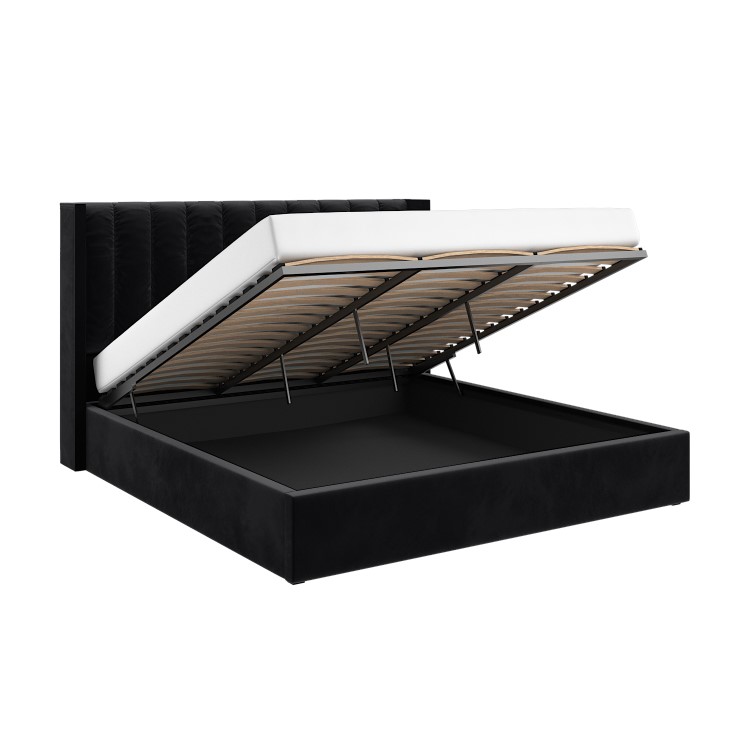 Black Velvet Super King Ottoman Bed with Winged Headboard - Maddox
