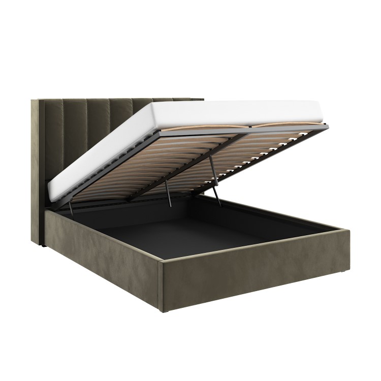 Khaki Velvet Double Ottoman Bed with Winged Headboard - Maddox