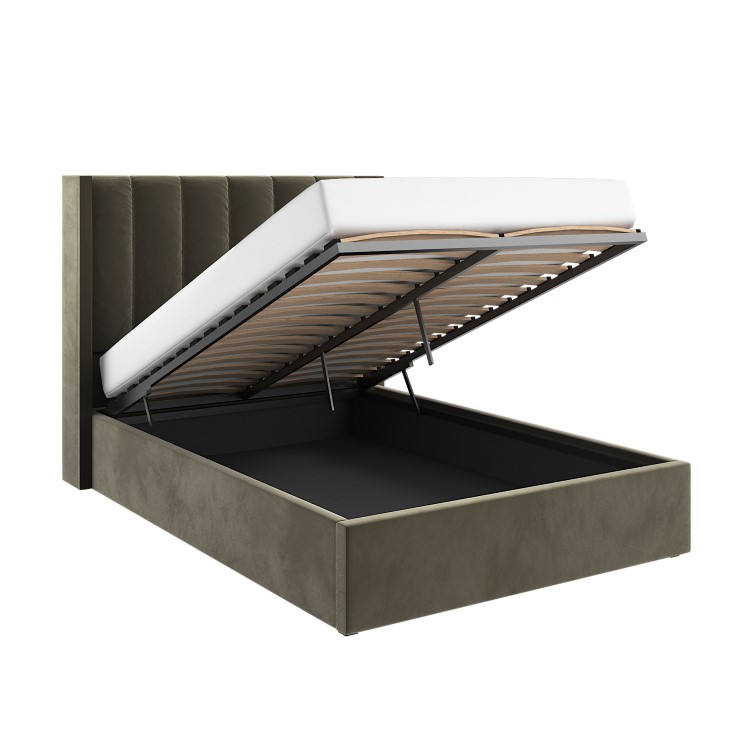 Khaki Velvet Small Double Ottoman Bed With Winged Headboard - Maddox