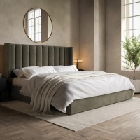 Khaki Velvet Super King Ottoman Bed with Winged Headboard - Maddox