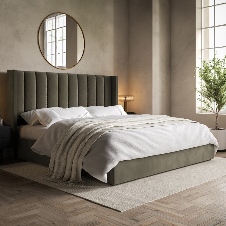 Khaki Velvet Super King Ottoman Bed with Winged Headboard - Maddox