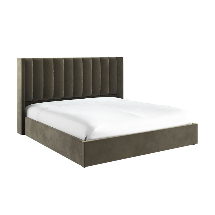 Khaki Velvet Super King Ottoman Bed with Winged Headboard - Maddox