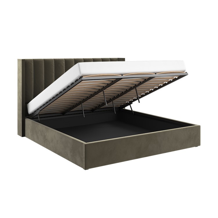 Khaki Velvet Super King Ottoman Bed with Winged Headboard - Maddox