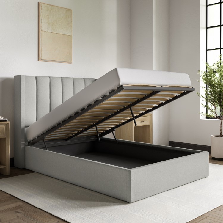 Grey Upholstered Small Double Ottoman Bed with Winged Headboard - Maddox