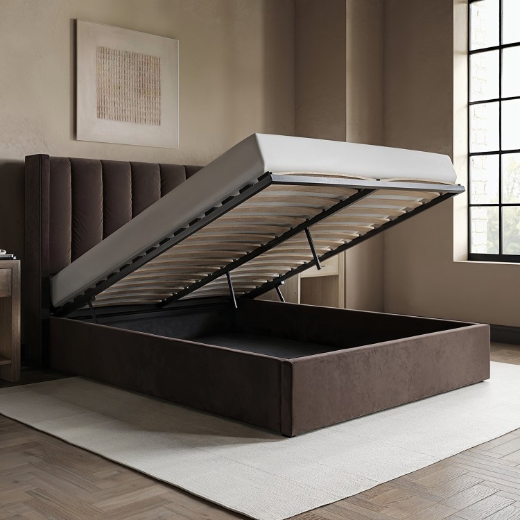 Chocolate Brown Velvet Double Ottoman Bed With Winged Headboard - Maddox