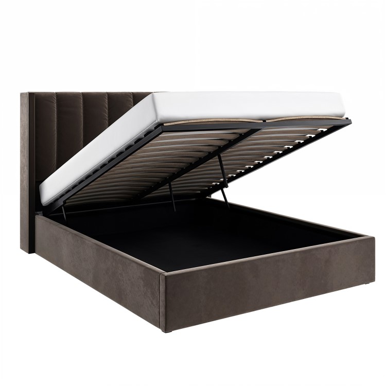 Chocolate Brown Velvet Double Ottoman Bed With Winged Headboard - Maddox