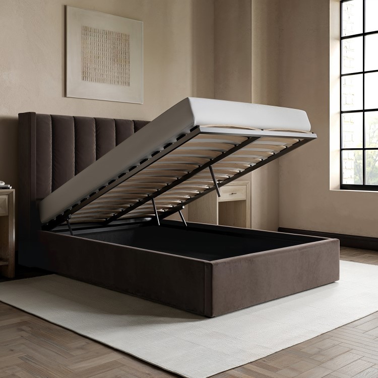 Chocolate Brown Velvet Small Double Ottoman Bed With Winged Headboard - Maddox