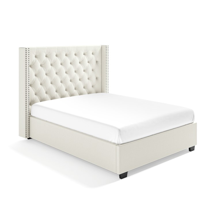 Off-White Fabric King Size Ottoman Bed with Winged Headboard - Maeva