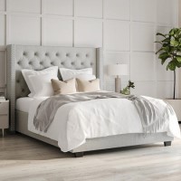 Light Grey Fabric Double Ottoman Bed with Winged Headboard - Maeva Light Grey Fabric Double Ottoman Bed with Winged Headboard - Maeva