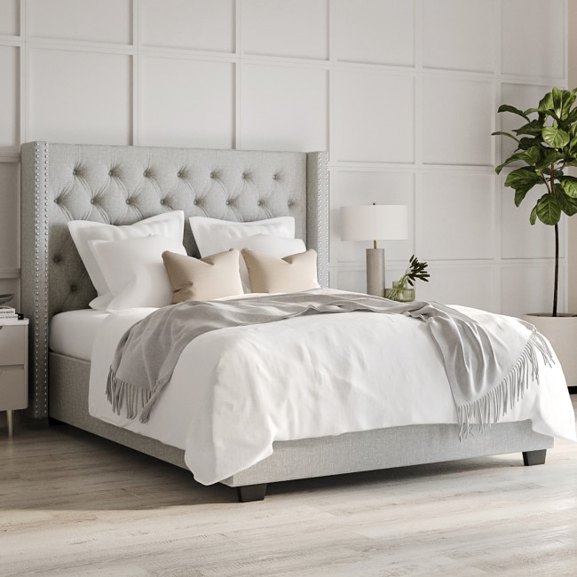 Light Grey Fabric Double Ottoman Bed with Winged Headboard - Maeva