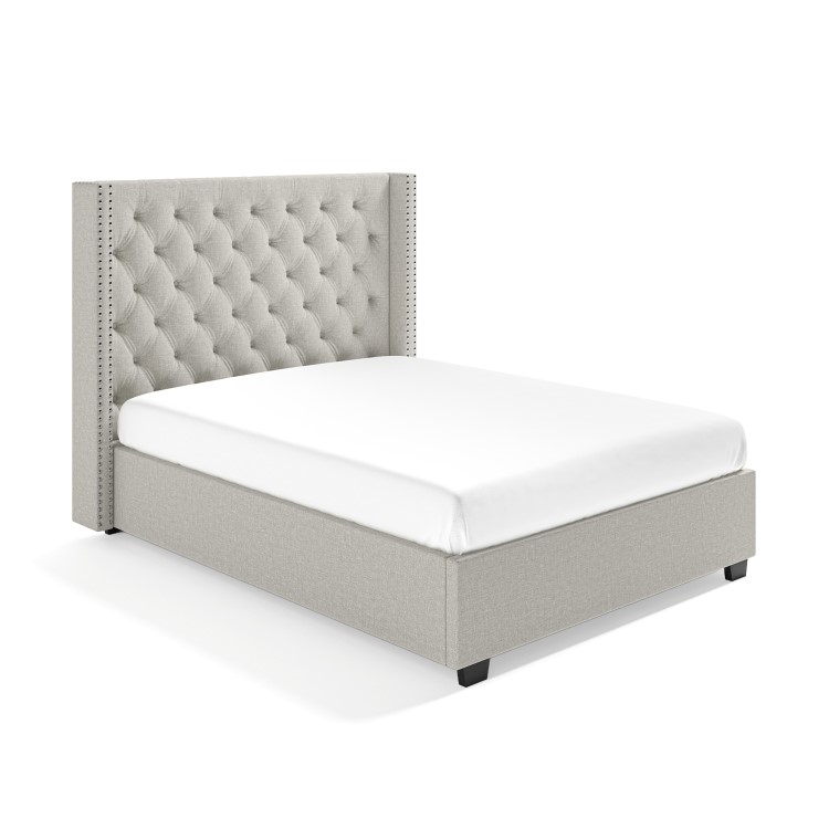 Light Grey Fabric Double Ottoman Bed with Winged Headboard - Maeva