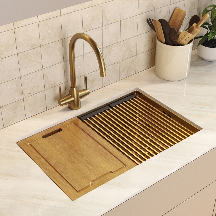 Brushed Brass Undermount Kitchen Workstation Sink Unit & Accessories - Mae