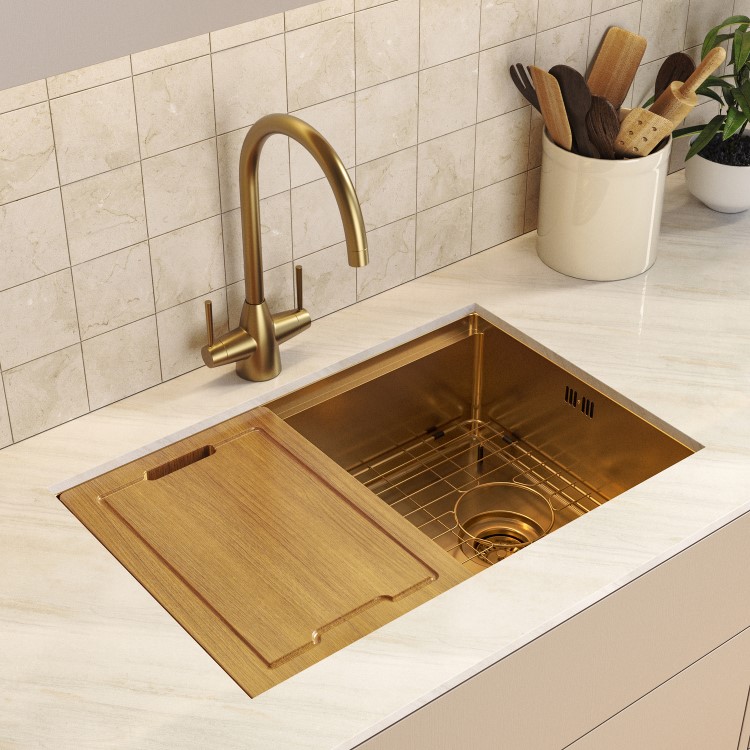 Brushed Brass Undermount Kitchen Workstation Sink Unit & Accessories - Mae