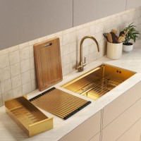 Brushed Brass Large Undermount Kitchen Workstation Sink Unit & Accessories - Mae