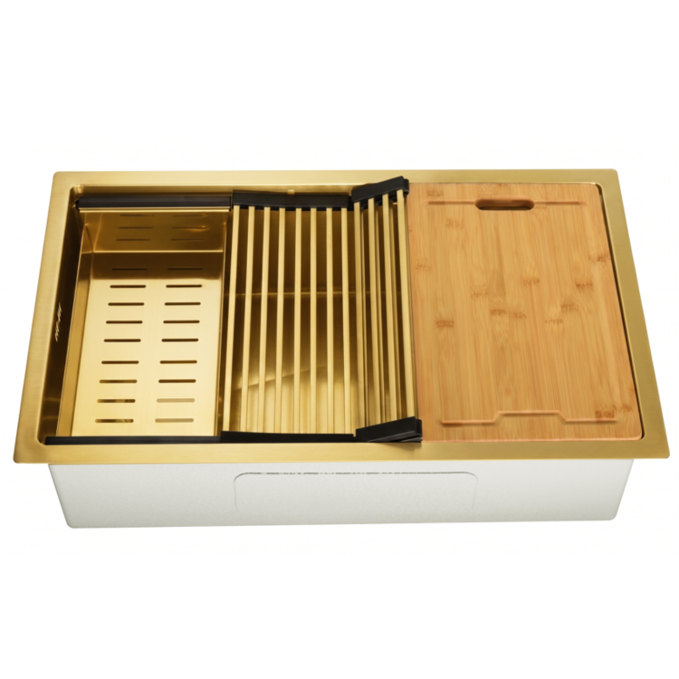 Brushed Brass Large Undermount Kitchen Workstation Sink Unit & Accessories - Mae