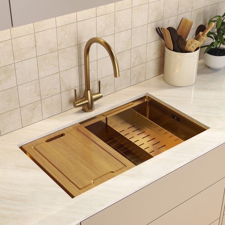 Brushed Brass Large Undermount Kitchen Workstation Sink Unit & Accessories - Mae