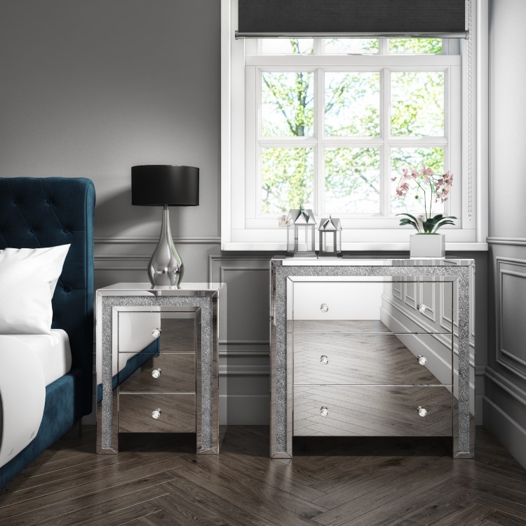 Mariah Crushed Diamond Mirrored Bedside Table in Silver