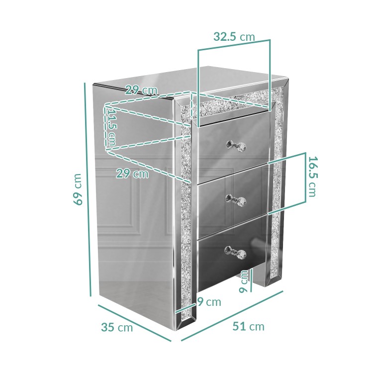 Mariah Crushed Diamond Mirrored Bedside Table in Silver