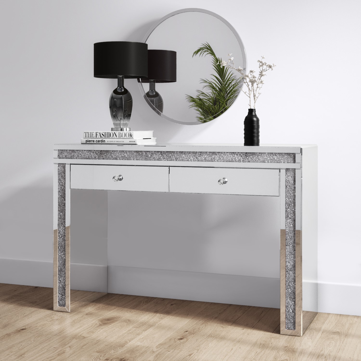 silver glitter dressing table Mirrored Vanity Dresser with Drawers for Bedroom, Silver Make Up Table Inlay with Crushed Crystals