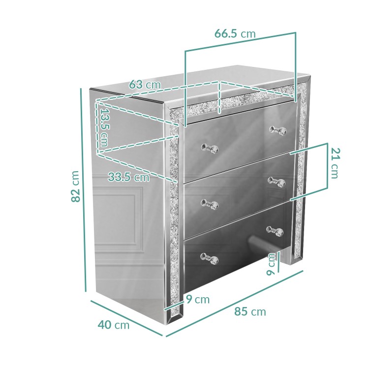 Silver Mirrored Chest of 3 Drawers - Mariah