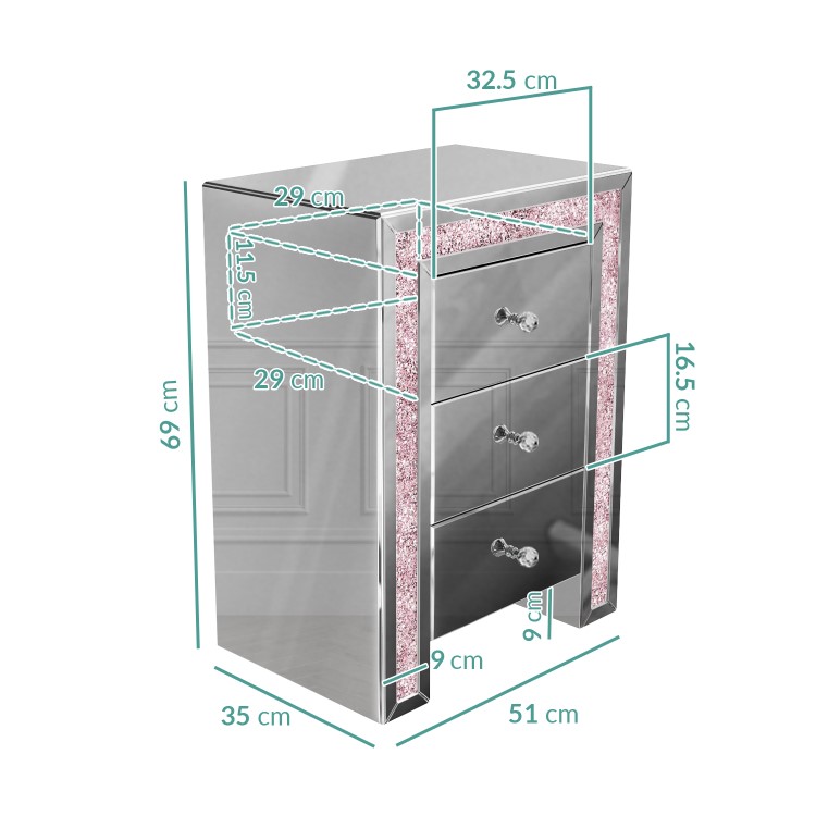 Mariah Crush Diamond Mirrored Bedside Table in Pink