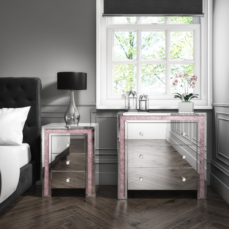 Mariah Crush Diamond Mirror Chest of Drawers in Pink