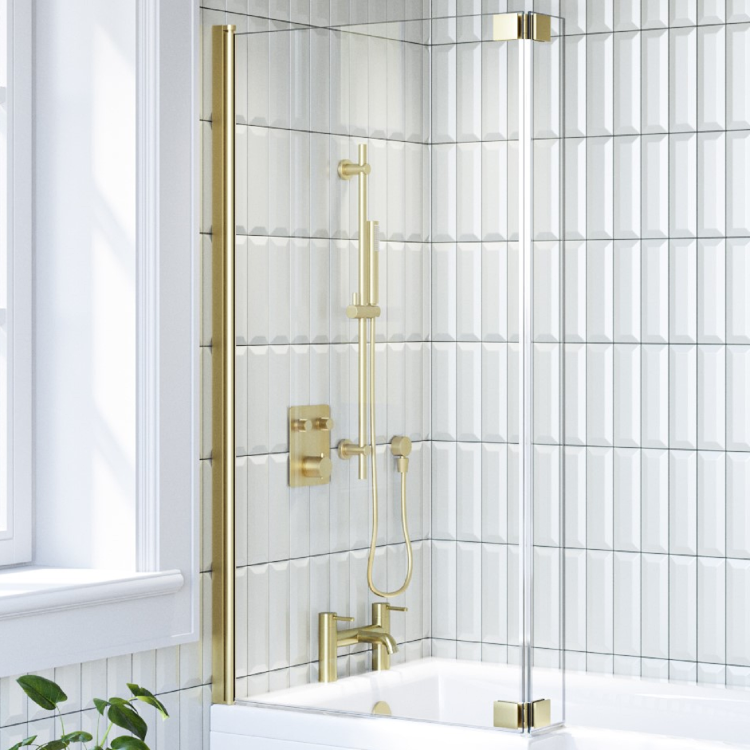 GRADE A1 - Brushed Brass Hinged L Shape Shower Bath Screen 1450 x 955mm - Maia